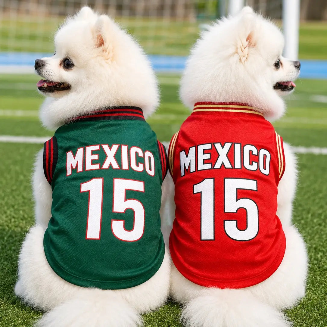 Mexico 15 Pet Sports Jersey for Dogs and Cats - Red and Green Breathable Mesh Sleeveless Soccer Style Vest for Small to Medium Pets, Ideal for Walking, Photos, Parties, and Outdoor Activities
