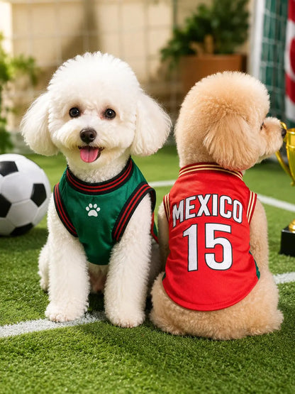 Mexico 15 Pet Sports Jersey for Dogs and Cats - Red and Green Breathable Mesh Sleeveless Soccer Style Vest for Small to Medium Pets, Ideal for Walking, Photos, Parties, and Outdoor Activities
