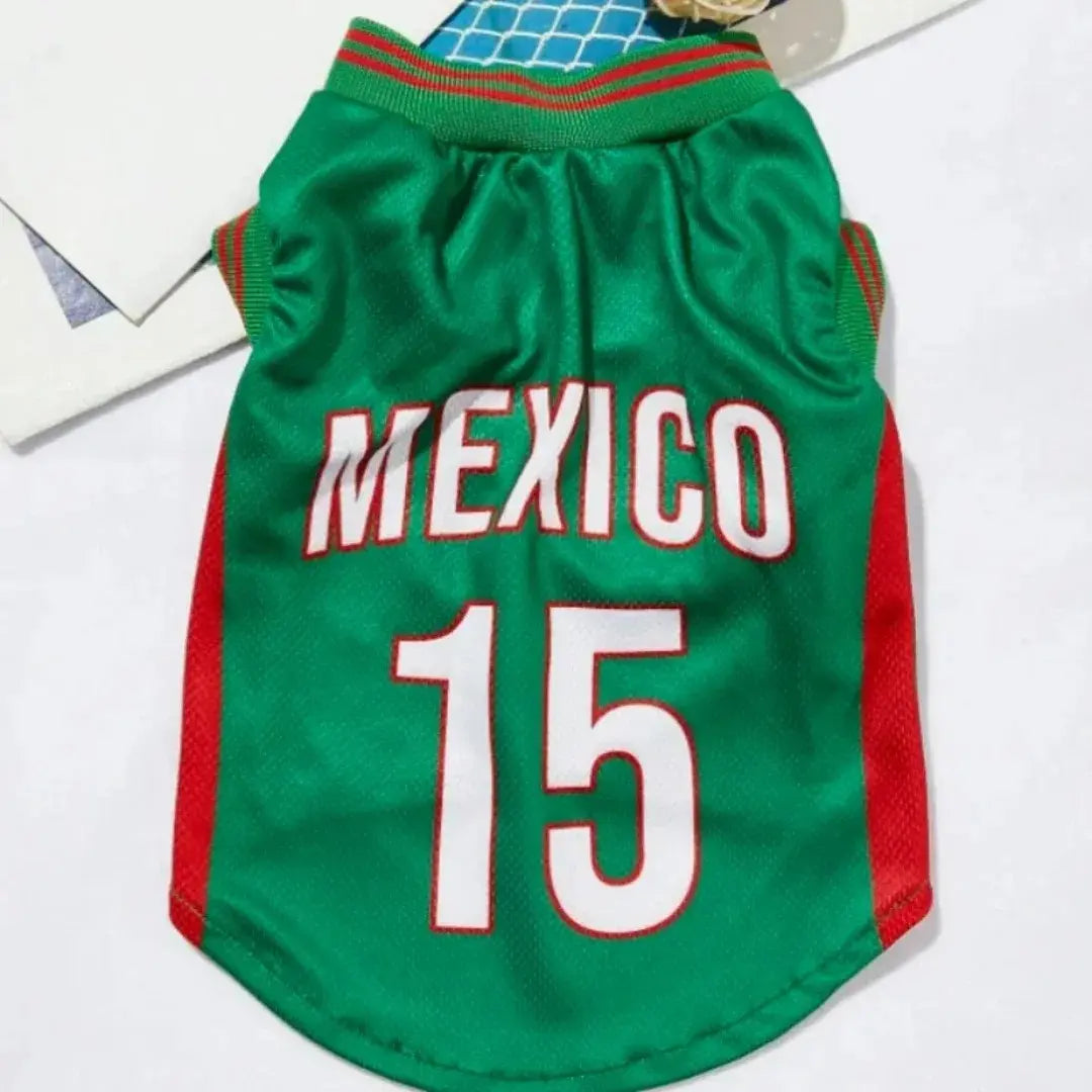 Mexico 15 Pet Sports Jersey for Dogs and Cats - Red and Green Breathable Mesh Sleeveless Soccer Style Vest for Small to Medium Pets, Ideal for Walking, Photos, Parties, and Outdoor Activities