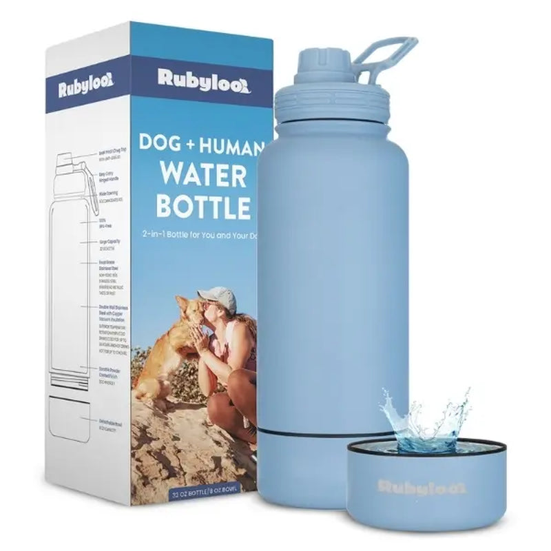 Rubyloo 32 Oz Stainless Steel Insulated Dog Water Bottle with Detachable 8 Oz Bowl and Leak-Proof Chug Lid