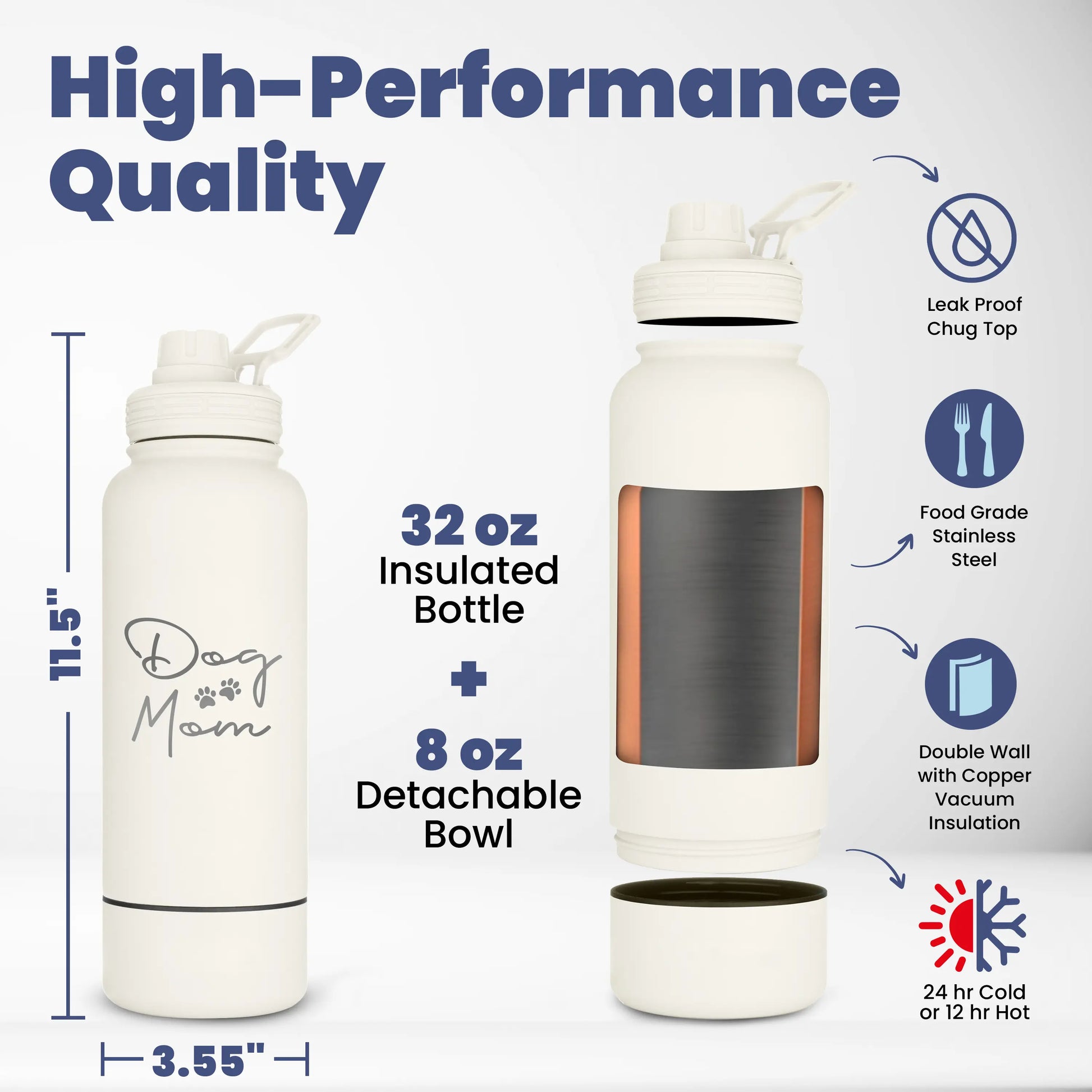 Rubyloo 32 Oz Stainless Steel Insulated Dog Water Bottle with Detachable 8 Oz Bowl and Leak-Proof Chug Lid