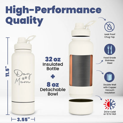 Rubyloo 32 Oz Stainless Steel Insulated Dog Water Bottle with Detachable 8 Oz Bowl and Leak-Proof Chug Lid