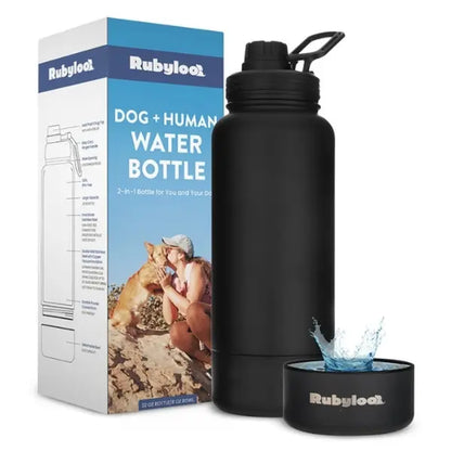 Rubyloo 32 Oz Stainless Steel Insulated Dog Water Bottle with Detachable 8 Oz Bowl and Leak-Proof Chug Lid