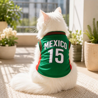 Mexico 15 Pet Sports Jersey for Dogs and Cats - Red and Green Breathable Mesh Sleeveless Soccer Style Vest for Small to Medium Pets, Ideal for Walking, Photos, Parties, and Outdoor Activities