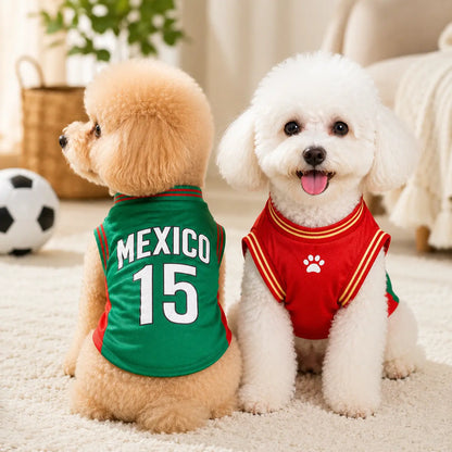 Mexico 15 Pet Sports Jersey for Dogs and Cats - Red and Green Breathable Mesh Sleeveless Soccer Style Vest for Small to Medium Pets, Ideal for Walking, Photos, Parties, and Outdoor Activities