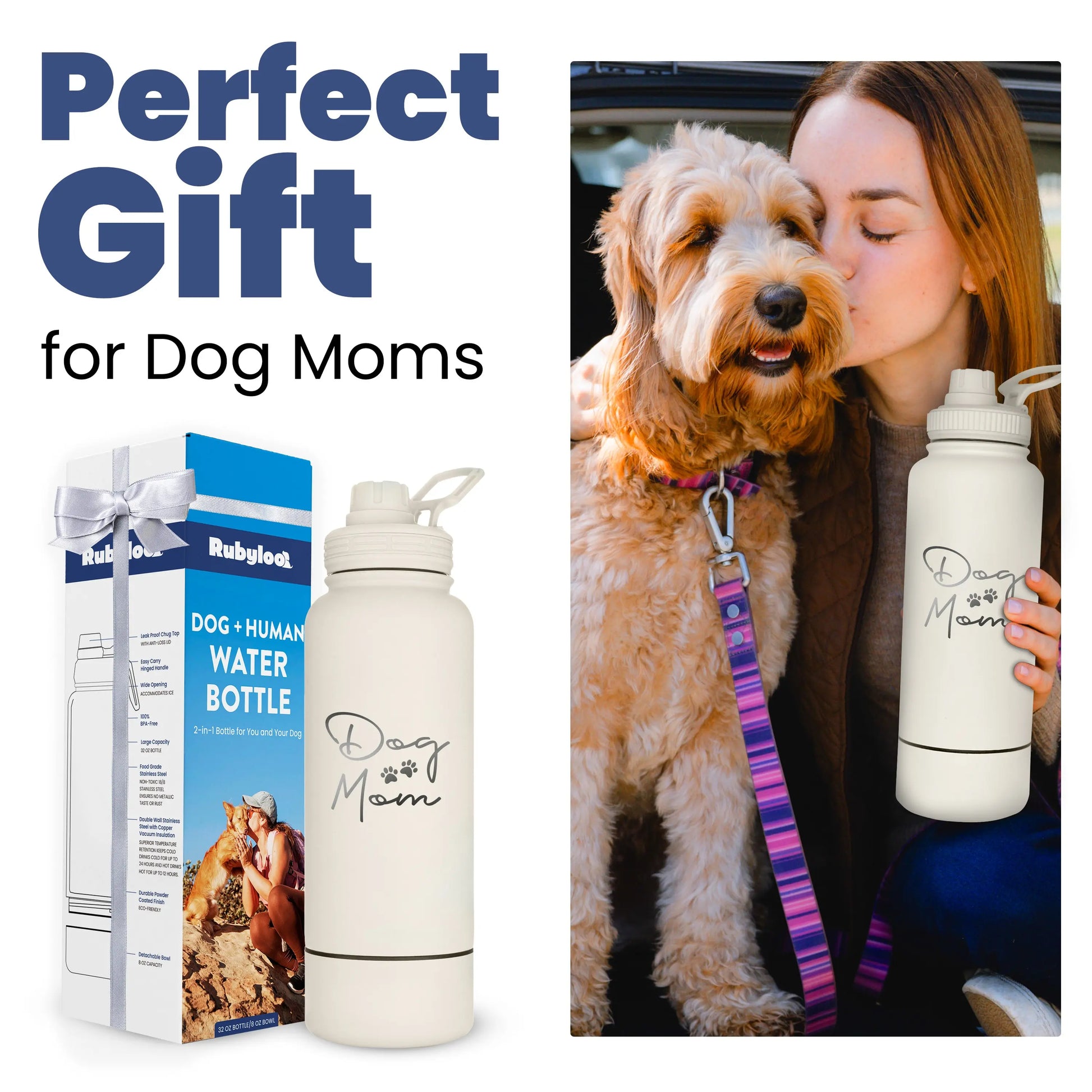 Rubyloo 32 Oz Stainless Steel Insulated Dog Water Bottle with Detachable 8 Oz Bowl and Leak-Proof Chug Lid