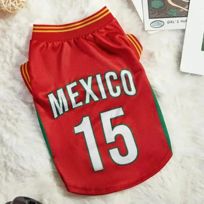 Mexico 15 Pet Sports Jersey for Dogs and Cats - Red and Green Breathable Mesh Sleeveless Soccer Style Vest for Small to Medium Pets, Ideal for Walking, Photos, Parties, and Outdoor Activities