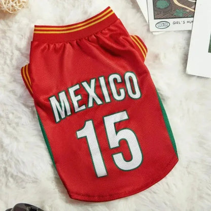 Mexico 15 Pet Sports Jersey for Dogs and Cats - Red and Green Breathable Mesh Sleeveless Soccer Style Vest for Small to Medium Pets, Ideal for Walking, Photos, Parties, and Outdoor Activities