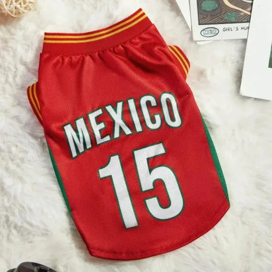 Mexico 15 Pet Sports Jersey for Dogs and Cats - Red and Green Breathable Mesh Sleeveless Soccer Style Vest for Small to Medium Pets, Ideal for Walking, Photos, Parties, and Outdoor Activities