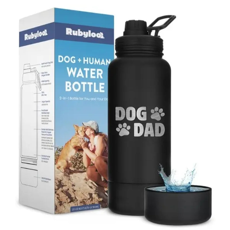 Rubyloo 32 Oz Stainless Steel Insulated Dog Water Bottle with Detachable 8 Oz Bowl and Leak-Proof Chug Lid