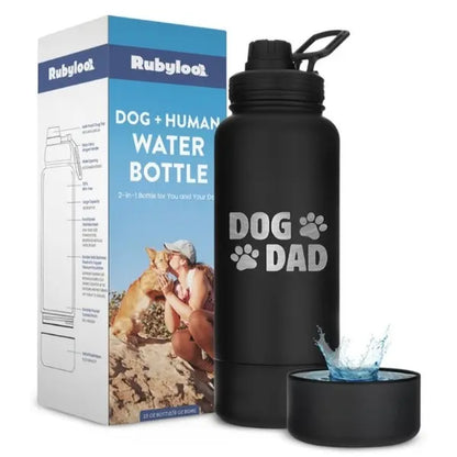 Rubyloo 32 Oz Stainless Steel Insulated Dog Water Bottle with Detachable 8 Oz Bowl and Leak-Proof Chug Lid
