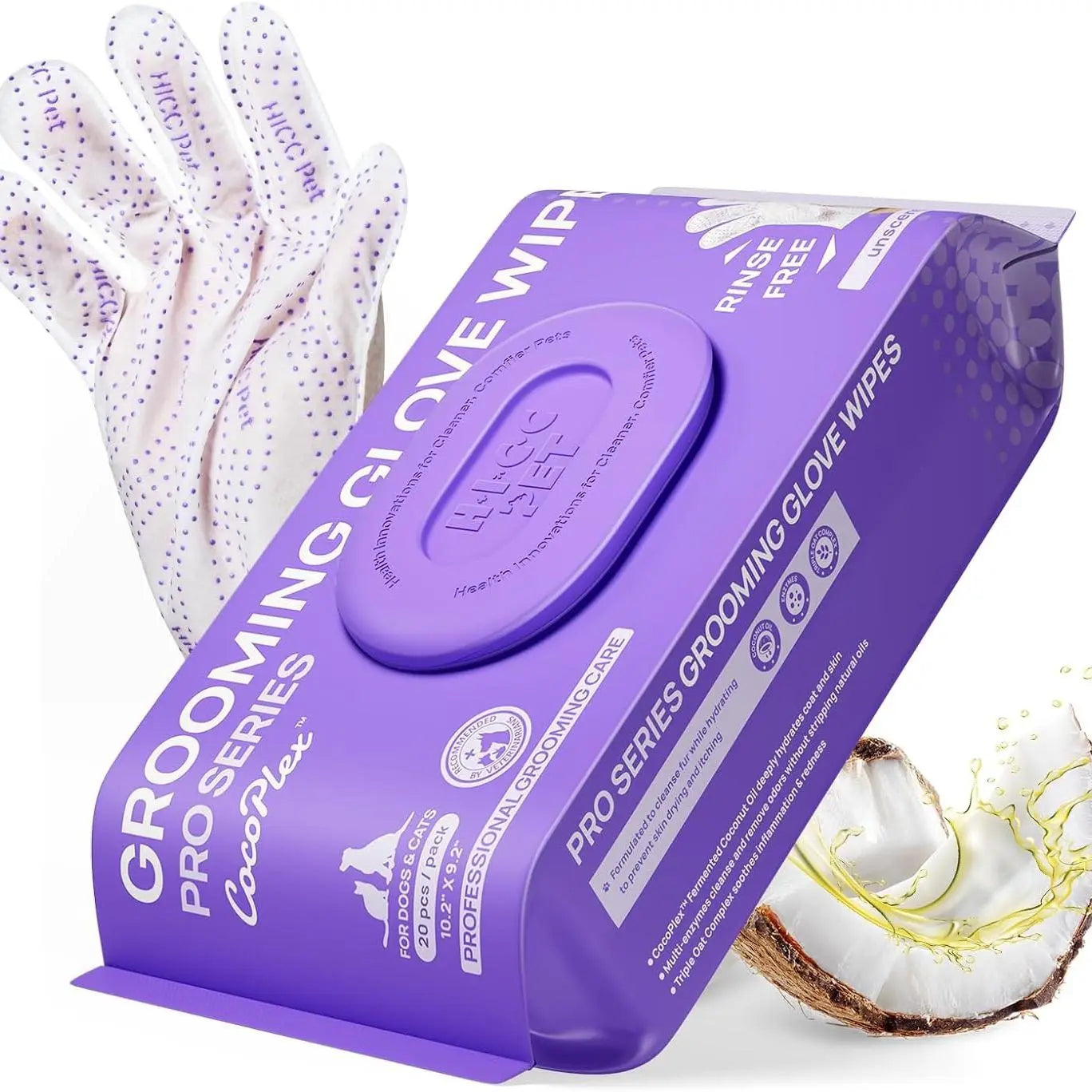 Hicc PET Disposable Dog Grooming Wipes (20 Pack) - Natural, Hypoallergenic, No-Rinse Grooming Wipes with Fermented Oils for Hair Removal, Deodorizing, Skin Moisture, and Paw Care for Outdoor Use