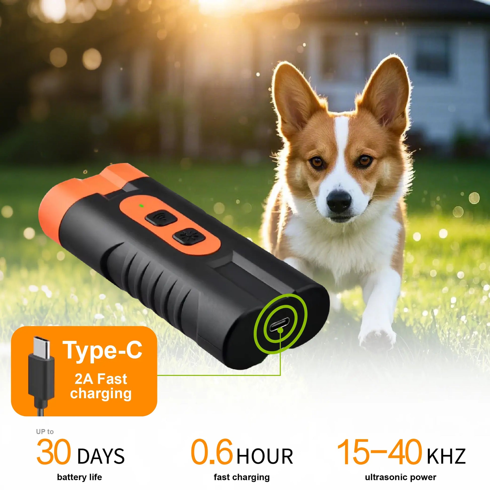 Ultrasonic Dog Bark Deterrent Training Device - USB Rechargeable, Dual Emitters, 50 Ft Range, 25 kHz Frequency, Integrated Flashlight, Portable Design, Complete Accessory Kit for Indoor and Outdoor Dog Behavior Management