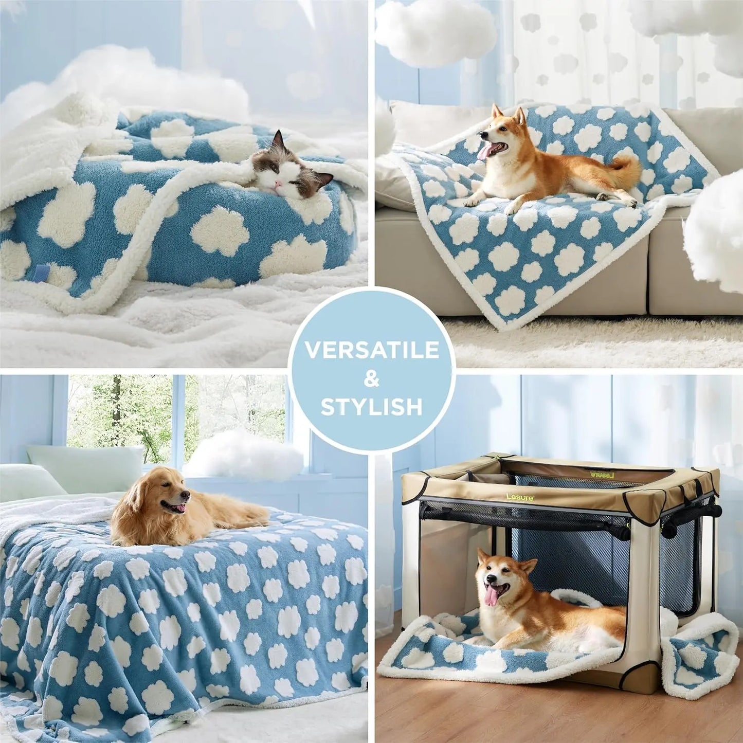 Lesure Waterproof Pet Blanket for Dogs and Cats - Reversible Jacquard Shag and Sherpa Fleece, 3D Textured Cloud Design, Machine Washable, Durable, Portable, and Soft Couch Protector