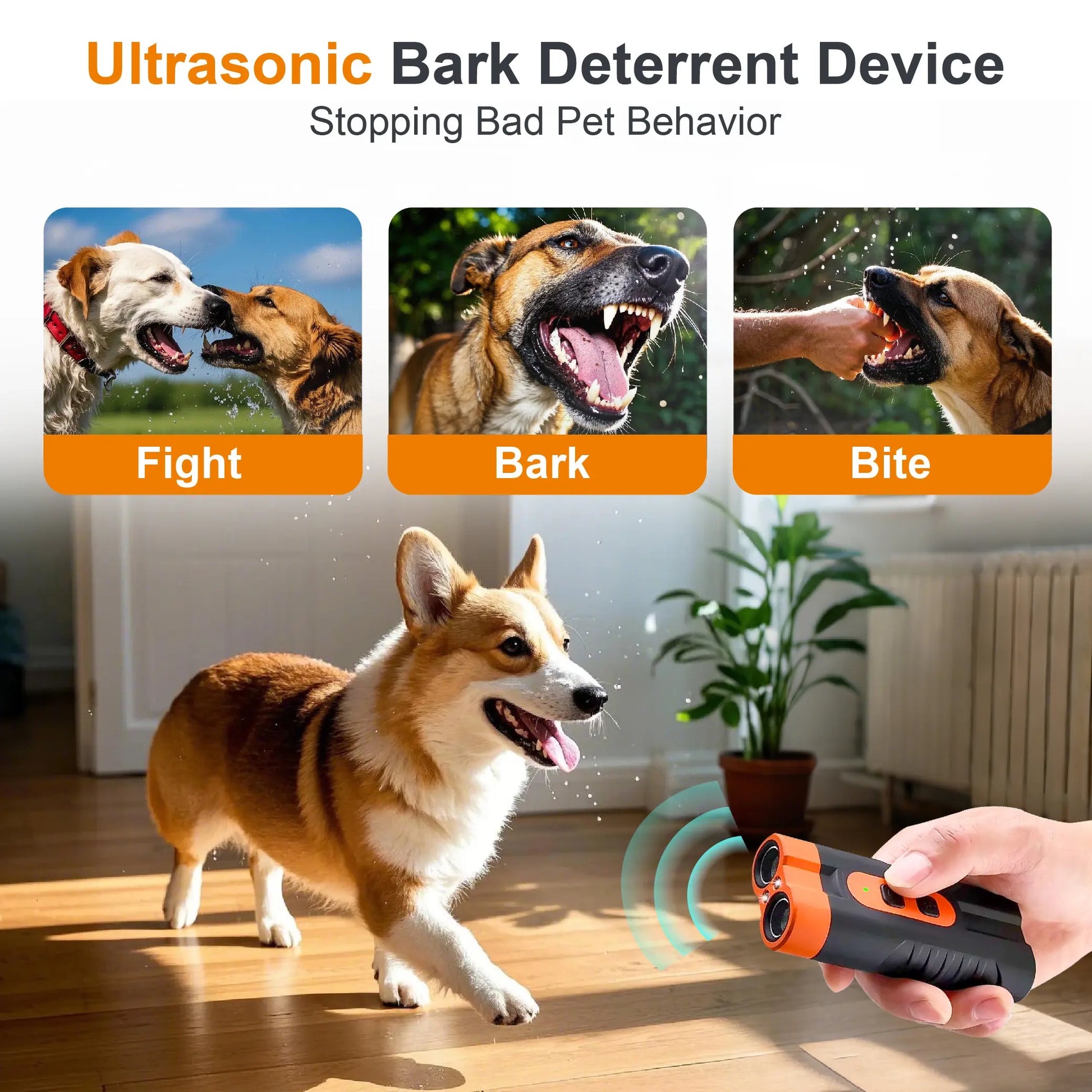Ultrasonic Dog Bark Deterrent Training Device - USB Rechargeable, Dual Emitters, 50 Ft Range, 25 kHz Frequency, Integrated Flashlight, Portable Design, Complete Accessory Kit for Indoor and Outdoor Dog Behavior Management