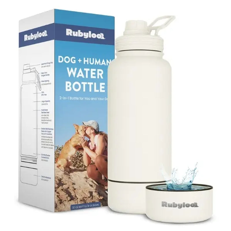 Rubyloo 32 Oz Stainless Steel Insulated Dog Water Bottle with Detachable 8 Oz Bowl and Leak-Proof Chug Lid
