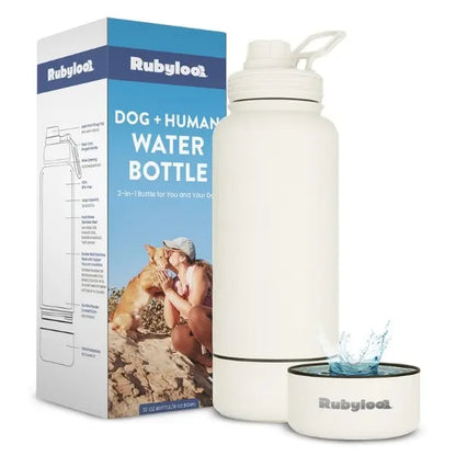 Rubyloo 32 Oz Stainless Steel Insulated Dog Water Bottle with Detachable 8 Oz Bowl and Leak-Proof Chug Lid