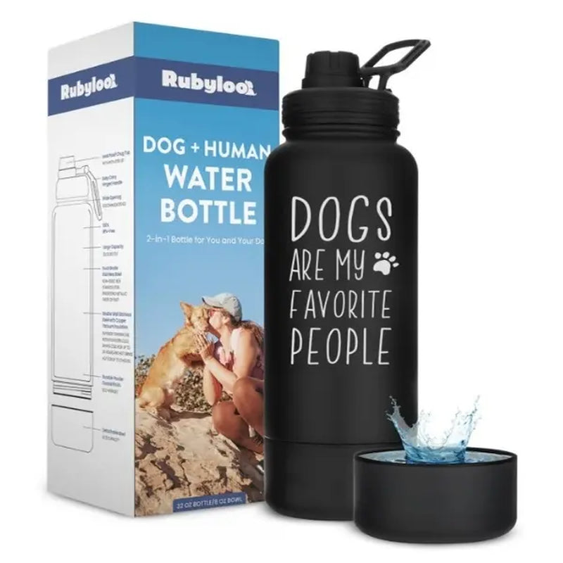 Rubyloo 32 Oz Stainless Steel Insulated Dog Water Bottle with Detachable 8 Oz Bowl and Leak-Proof Chug Lid