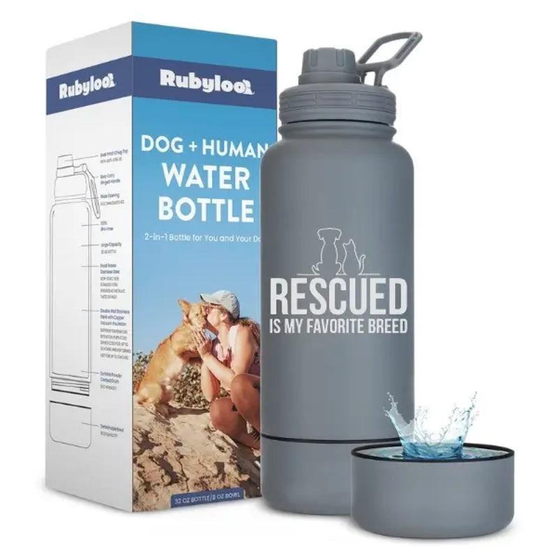 Rubyloo 32 Oz Stainless Steel Insulated Dog Water Bottle with Detachable 8 Oz Bowl and Leak-Proof Chug Lid
