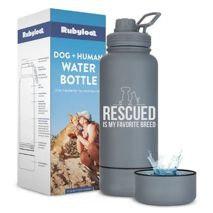 Rubyloo 32 Oz Stainless Steel Insulated Dog Water Bottle with Detachable 8 Oz Bowl and Leak-Proof Chug Lid