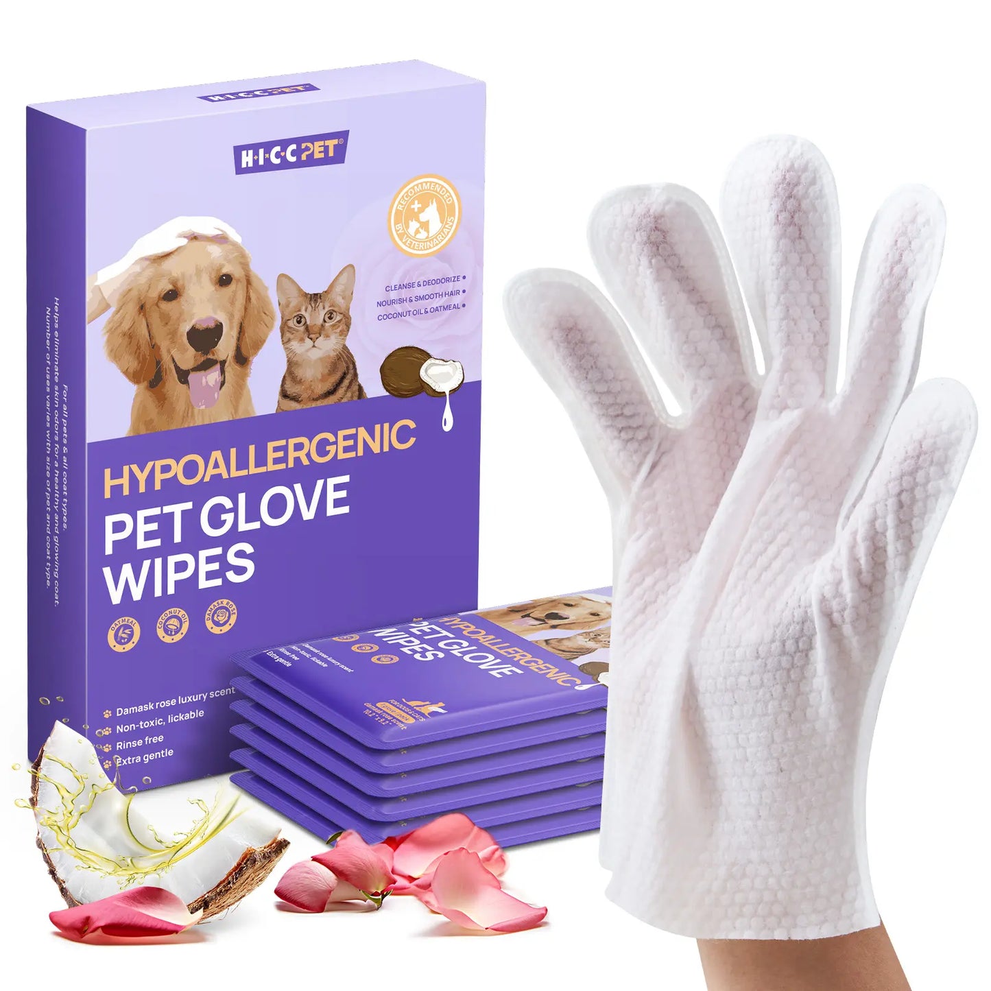Hicc PET Disposable Dog Grooming Wipes (20 Pack) - Natural, Hypoallergenic, No-Rinse Grooming Wipes with Fermented Oils for Hair Removal, Deodorizing, Skin Moisture, and Paw Care for Outdoor Use