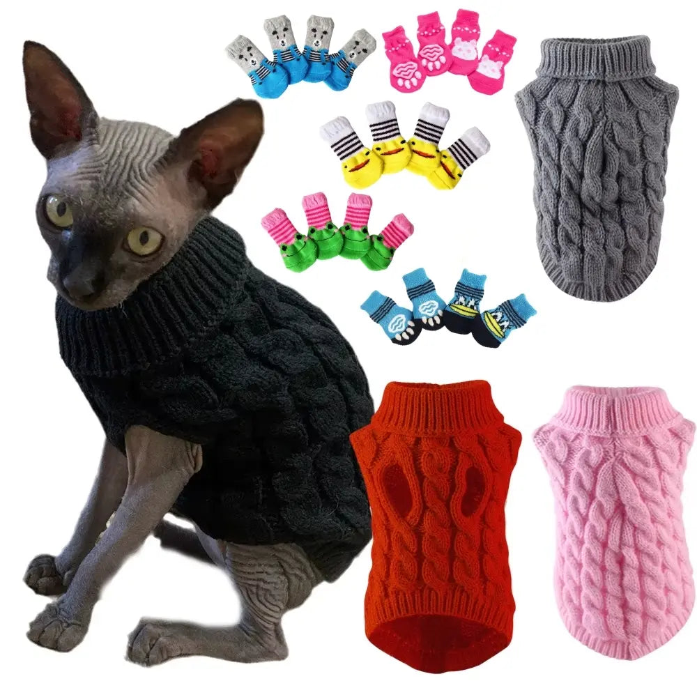 5-Piece Cozy Knitted Sweater Set for Small Pets with 4 Socks - Soft Pullover for Cats and Dogs, Ideal for Winter and Autumn, Available in 5 Colors, Machine Washable