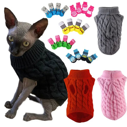 5-Piece Cozy Knitted Sweater Set for Small Pets with 4 Socks - Soft Pullover for Cats and Dogs, Ideal for Winter and Autumn, Available in 5 Colors, Machine Washable