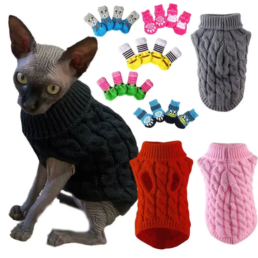 5-Piece Cozy Knitted Sweater Set for Small Pets with 4 Socks - Soft Pullover for Cats and Dogs, Ideal for Winter and Autumn, Available in 5 Colors, Machine Washable