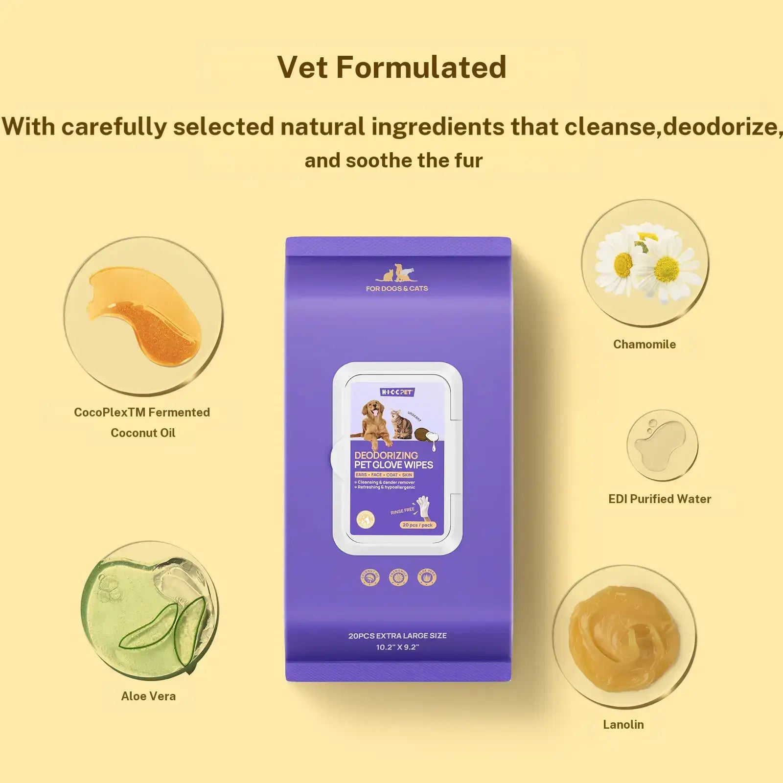 Hicc PET Disposable Dog Grooming Wipes (20 Pack) - Natural, Hypoallergenic, No-Rinse Grooming Wipes with Fermented Oils for Hair Removal, Deodorizing, Skin Moisture, and Paw Care for Outdoor Use
