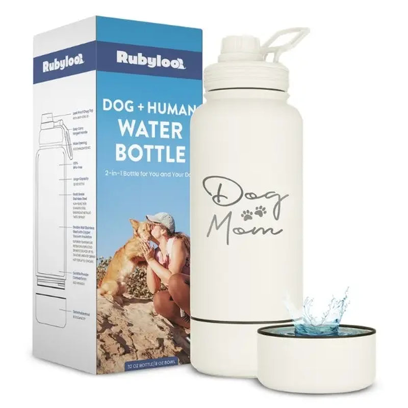 Rubyloo 32 Oz Stainless Steel Insulated Dog Water Bottle with Detachable 8 Oz Bowl and Leak-Proof Chug Lid