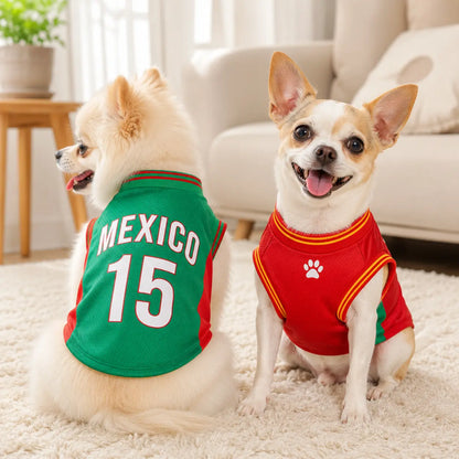 Mexico 15 Pet Sports Jersey for Dogs and Cats - Red and Green Breathable Mesh Sleeveless Soccer Style Vest for Small to Medium Pets, Ideal for Walking, Photos, Parties, and Outdoor Activities