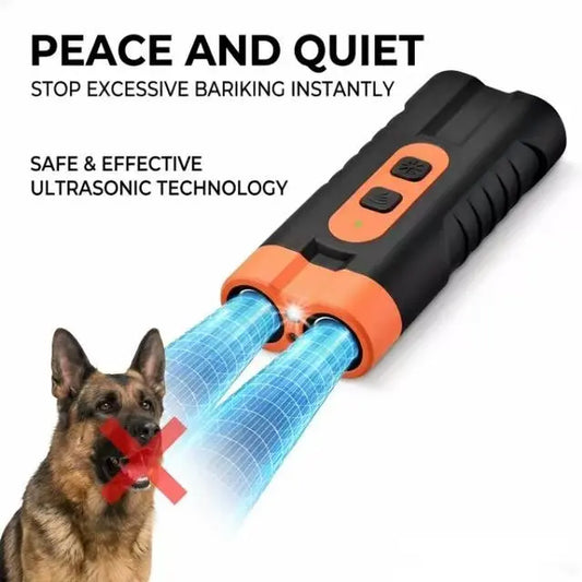 Ultrasonic Dog Bark Deterrent Training Device - USB Rechargeable, Dual Emitters, 50 Ft Range, 25 kHz Frequency, Integrated Flashlight, Portable Design, Complete Accessory Kit for Indoor and Outdoor Dog Behavior Management