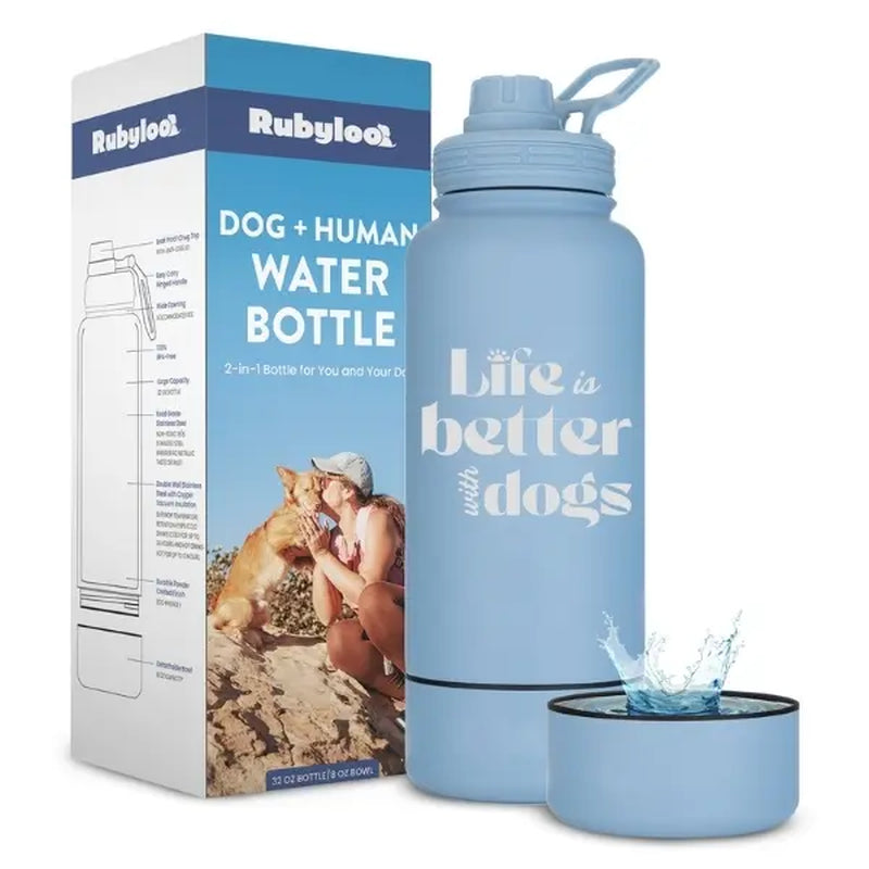 Rubyloo 32 Oz Stainless Steel Insulated Dog Water Bottle with Detachable 8 Oz Bowl and Leak-Proof Chug Lid