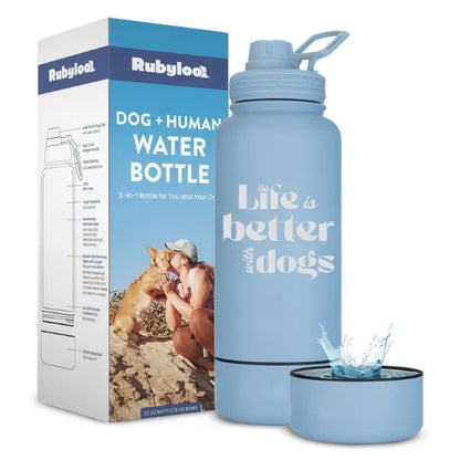 Rubyloo 32 Oz Stainless Steel Insulated Dog Water Bottle with Detachable 8 Oz Bowl and Leak-Proof Chug Lid