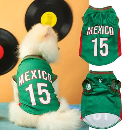 Mexico 15 Pet Sports Jersey for Dogs and Cats - Red and Green Breathable Mesh Sleeveless Soccer Style Vest for Small to Medium Pets, Ideal for Walking, Photos, Parties, and Outdoor Activities