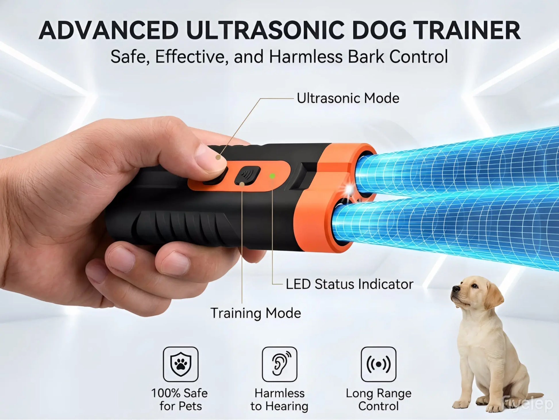 Ultrasonic Dog Bark Deterrent Training Device - USB Rechargeable, Dual Emitters, 50 Ft Range, 25 kHz Frequency, Integrated Flashlight, Portable Design, Complete Accessory Kit for Indoor and Outdoor Dog Behavior Management
