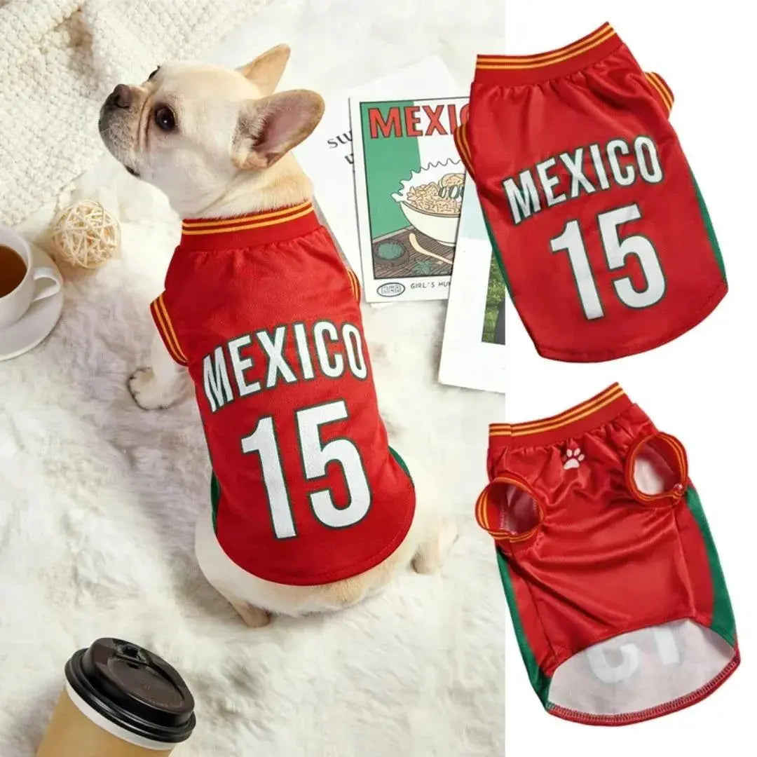 Mexico 15 Pet Sports Jersey for Dogs and Cats - Red and Green Breathable Mesh Sleeveless Soccer Style Vest for Small to Medium Pets, Ideal for Walking, Photos, Parties, and Outdoor Activities