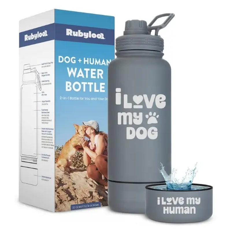 Rubyloo 32 Oz Stainless Steel Insulated Dog Water Bottle with Detachable 8 Oz Bowl and Leak-Proof Chug Lid