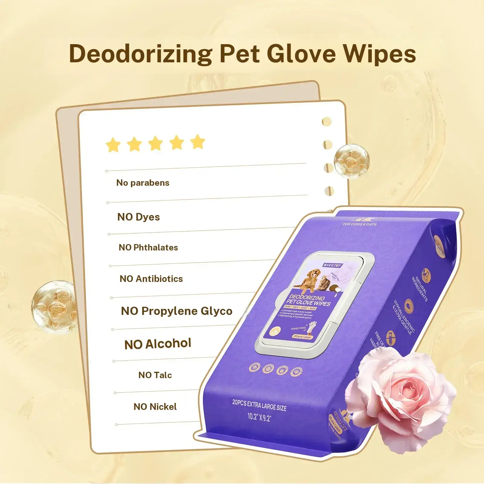 Hicc PET Disposable Dog Grooming Wipes (20 Pack) - Natural, Hypoallergenic, No-Rinse Grooming Wipes with Fermented Oils for Hair Removal, Deodorizing, Skin Moisture, and Paw Care for Outdoor Use